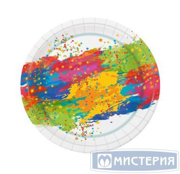 Тарелка одноразовая мелкая d230 мм, диз. "Краски праздника", карт. лам., 6 шт/упак "МИСТЕРИЯ" 432 шт/кор РОССИЯ