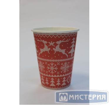 Одноразовый стакан для холодного и горячего, 0.3л, верхний d 90мм нижний d 60мм, h 111мм, 295+18г/м2, "Зимний узор", с рисунком, однослойный, картон