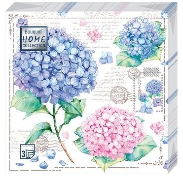 Салфетки 330х330 мм 3-сл., диз. "Открытка с гортензиями", разноцв., бум., 20 шт/упак "Bouquet" 12 упак/кор РОССИЯ 37927