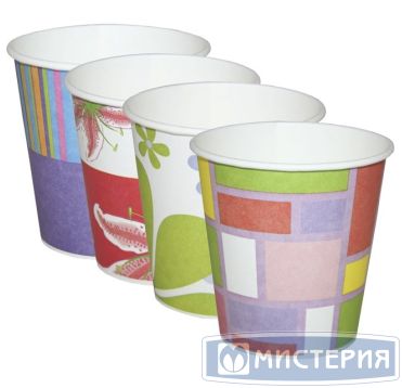 Стакан бумажный 250 мл 1 сл., d80 мм, диз. в ассорт., карт., 6 шт/упак "Buffet" 360 шт/кор РОССИЯ